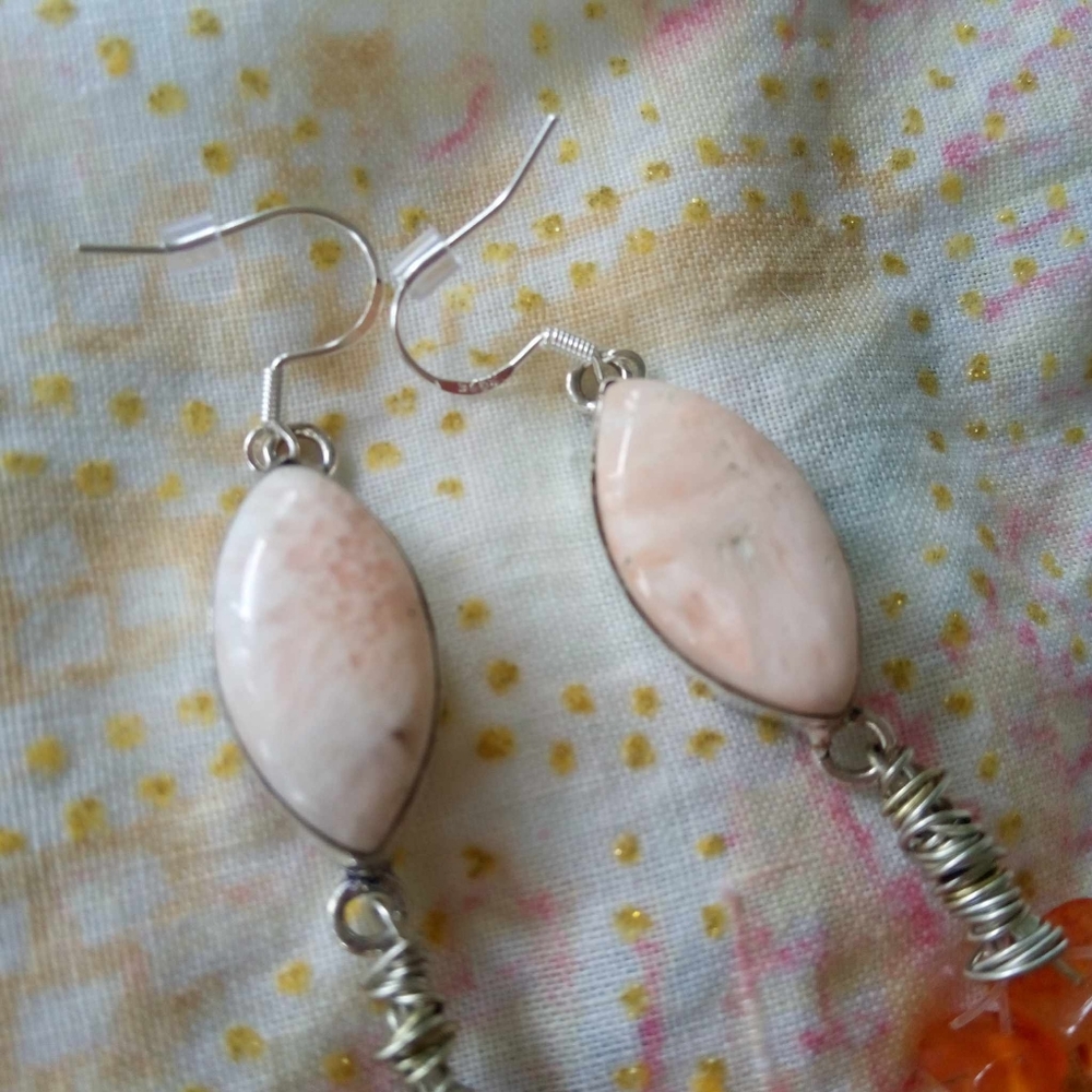 ❤ Southwestern Style Sterling Silver Coral & Carnelian Drop Earrings - Picture 3 of 4